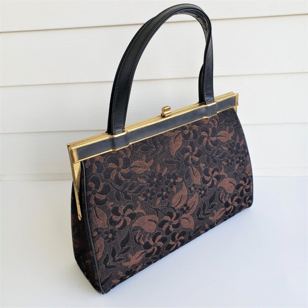 Vintage 50s/60s Brown Floral Tapestry Leather Top Handle Handbag - Picture 3 of 11